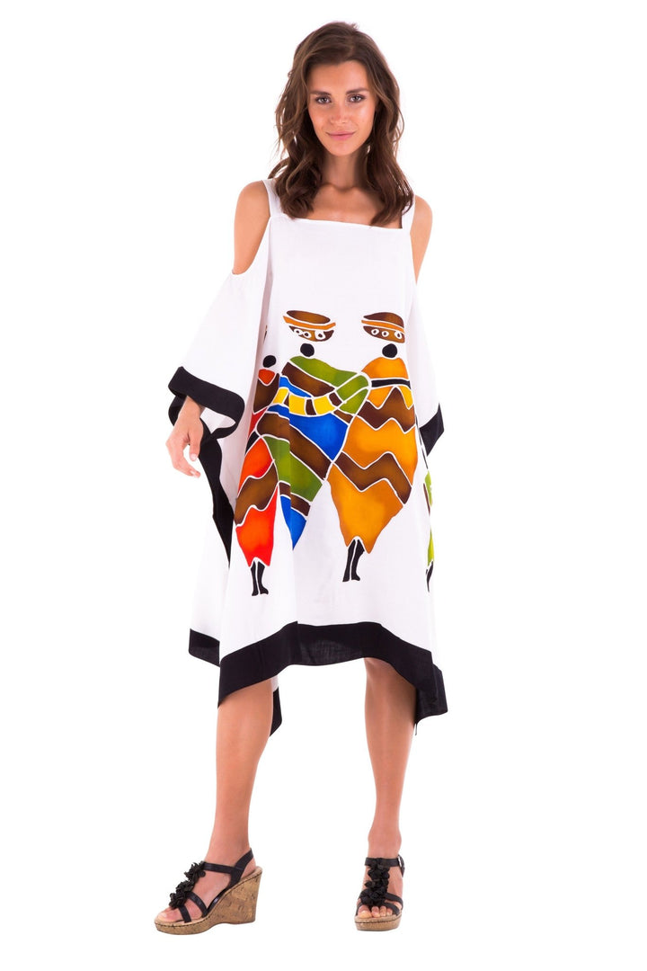 SHU - SHI Women's Hand Painted Tribal Poncho Dress | Loose Beach Cover Up | Short Cold Shoulder Tunic with Cut Outs - Love ShuShi