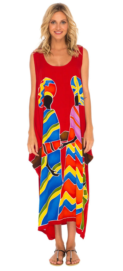 SHU-SHI Women's Loose Tank Dress - Plus Size Beach Cover Up, African Tribal Print, Rayon Sundress