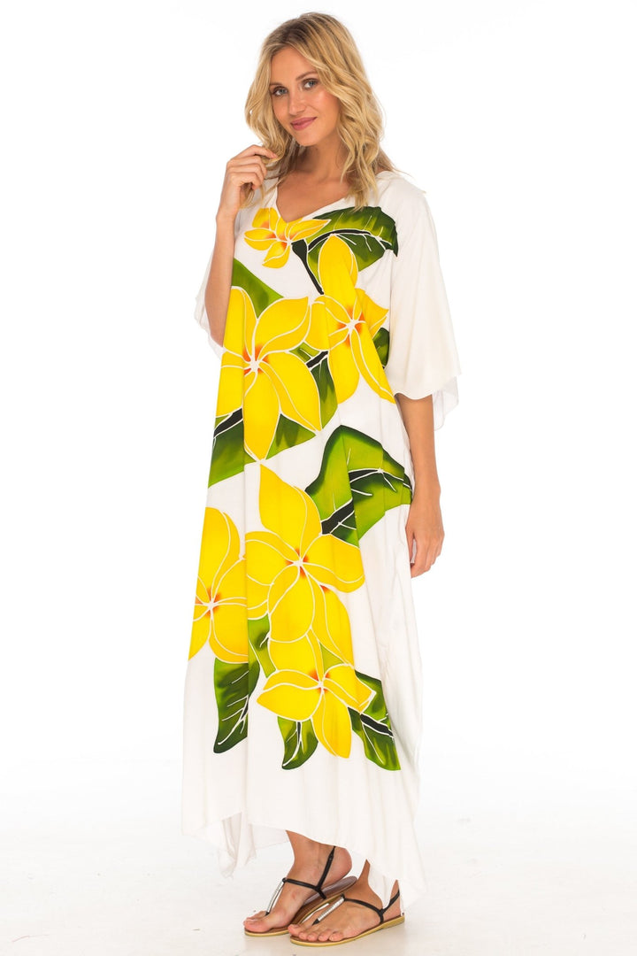 SHU - SHI Women's Handpainted Floral Kaftan Dress - Loose Maxi Beach Cover - Up, Plus Size Caftan - Love ShuShi