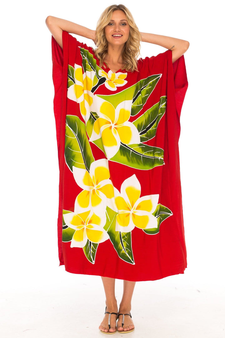 SHU - SHI Women's Handpainted Floral Kaftan Dress - Loose Maxi Beach Cover - Up, Plus Size Caftan - Love ShuShi