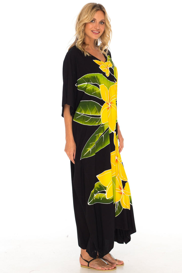 SHU - SHI Women's Handpainted Floral Kaftan Dress - Loose Maxi Beach Cover - Up, Plus Size Caftan - Love ShuShi