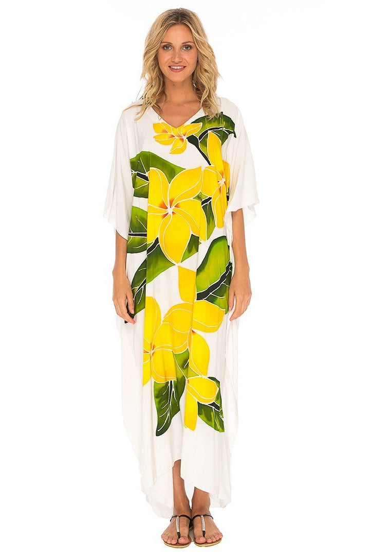 SHU - SHI Women's Handpainted Floral Kaftan Dress - Loose Maxi Beach Cover - Up, Plus Size Caftan - Love ShuShi