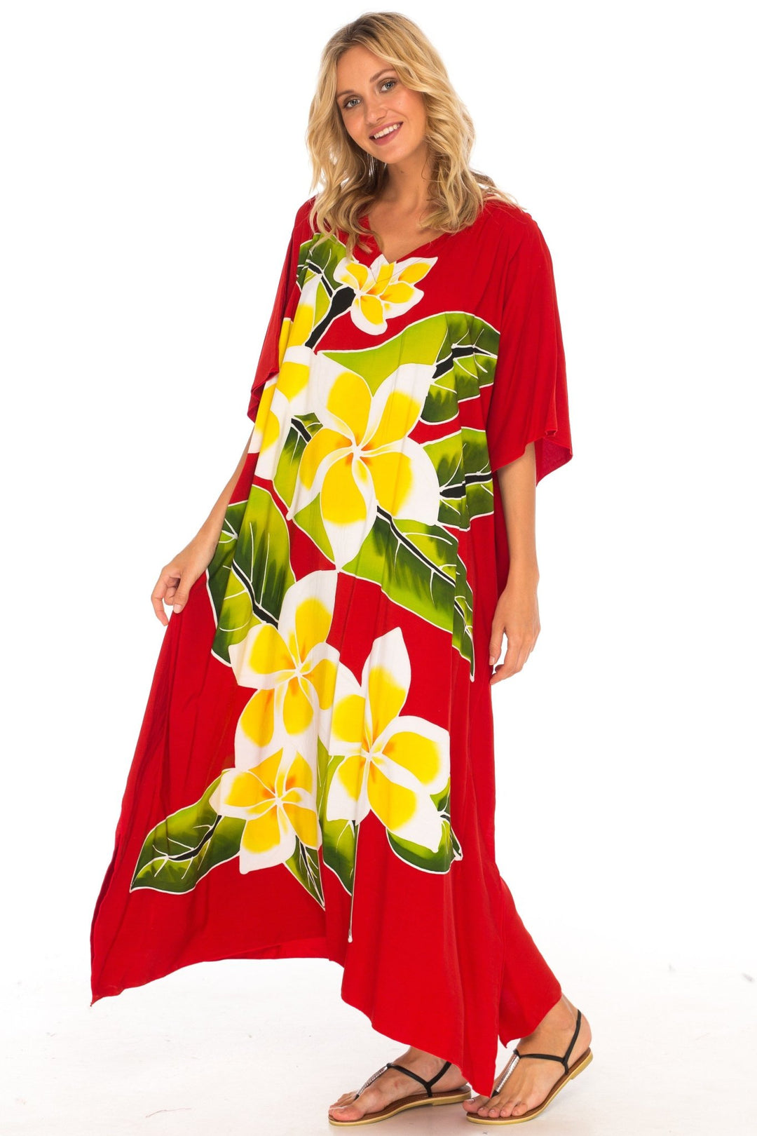 SHU - SHI Women's Handpainted Floral Kaftan Dress - Loose Maxi Beach Cover - Up, Plus Size Caftan - Love ShuShi