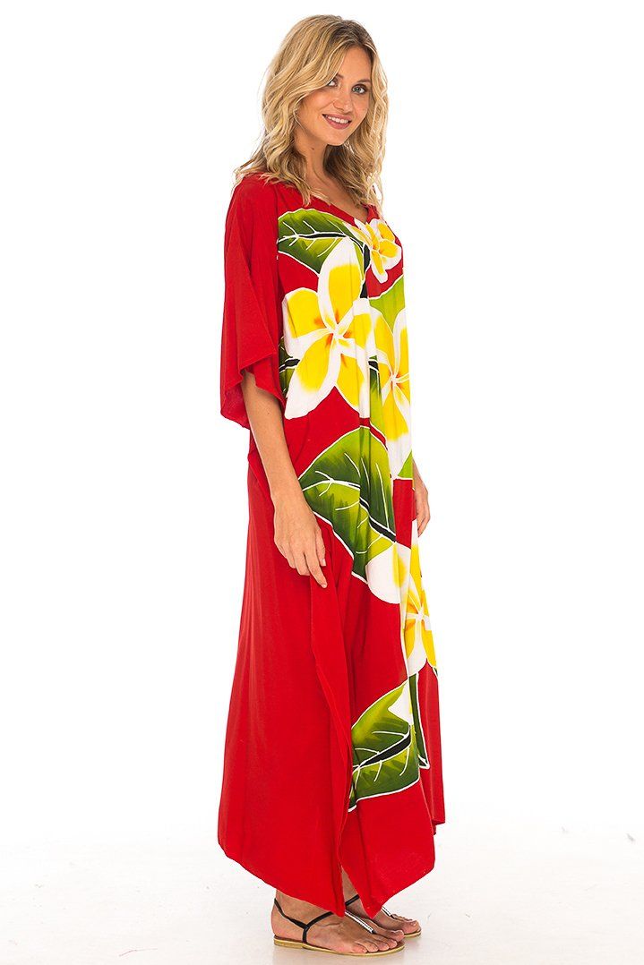 SHU - SHI Women's Handpainted Floral Kaftan Dress - Loose Maxi Beach Cover - Up, Plus Size Caftan - Love ShuShi