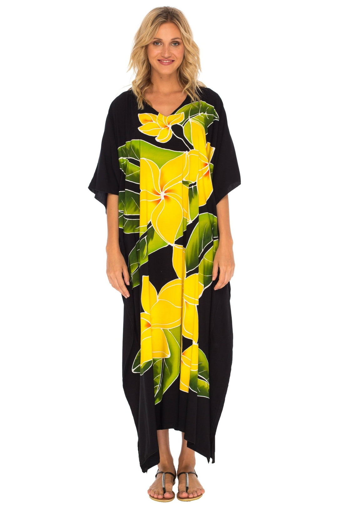 SHU - SHI Women's Handpainted Floral Kaftan Dress - Loose Maxi Beach Cover - Up, Plus Size Caftan - Love ShuShi