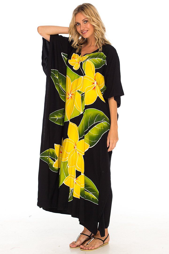 SHU - SHI Women's Handpainted Floral Kaftan Dress - Loose Maxi Beach Cover - Up, Plus Size Caftan - Love ShuShi