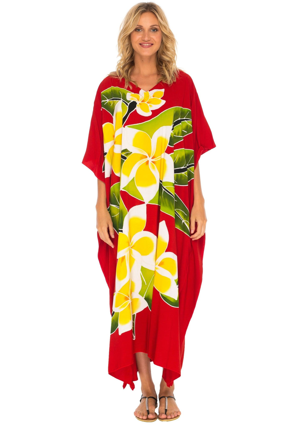 SHU - SHI Women's Handpainted Floral Kaftan Dress - Loose Maxi Beach Cover - Up, Plus Size Caftan - Love ShuShi