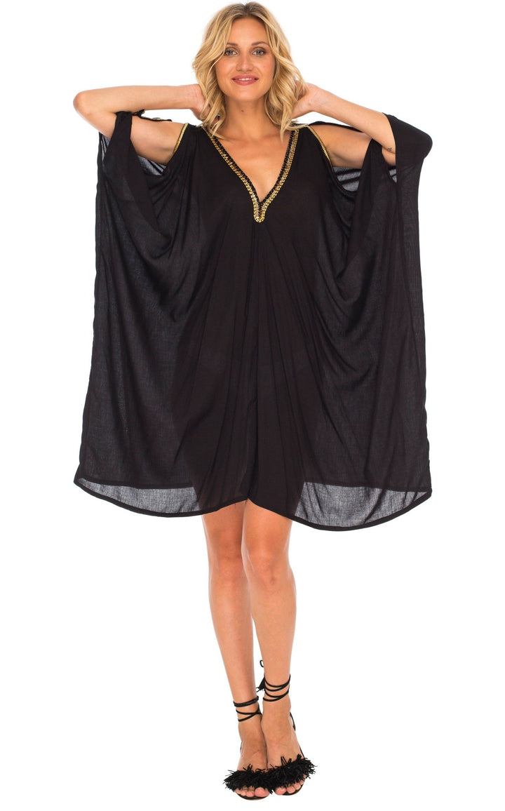 SHU - SHI Women's Kaftan Cover - Up Short Dress with Cold Shoulder & Gold Beads, V - Neck - Love ShuShi