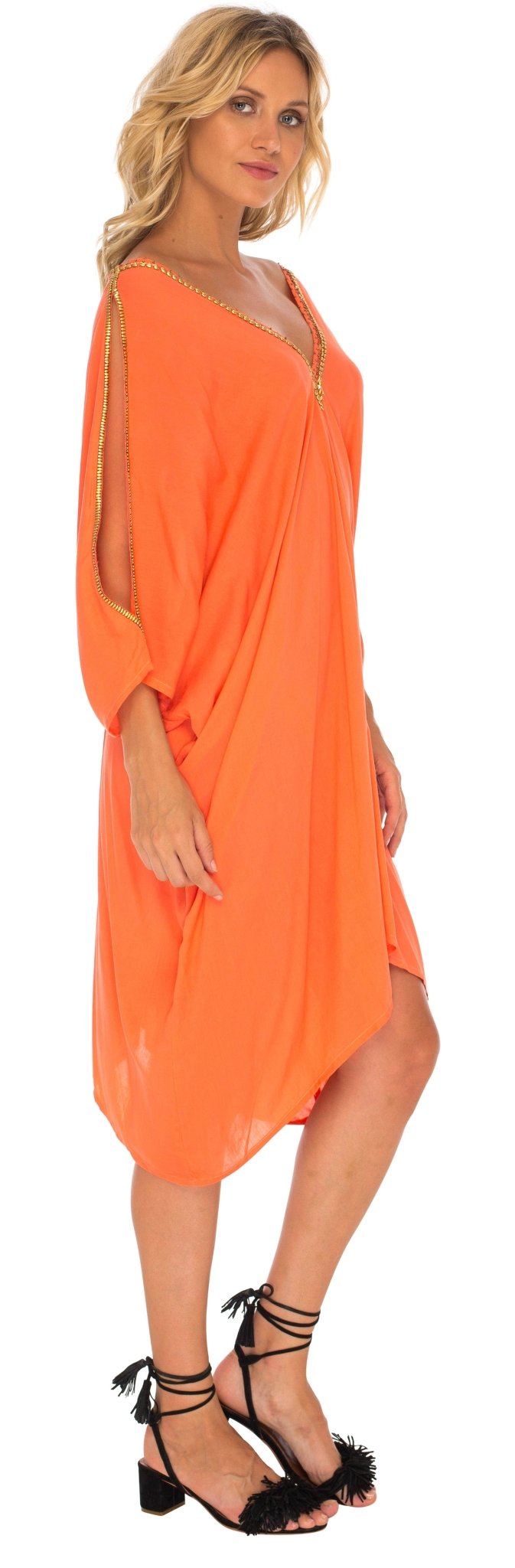 SHU - SHI Women's Kaftan Cover - Up Short Dress with Cold Shoulder & Gold Beads, V - Neck - Love ShuShi