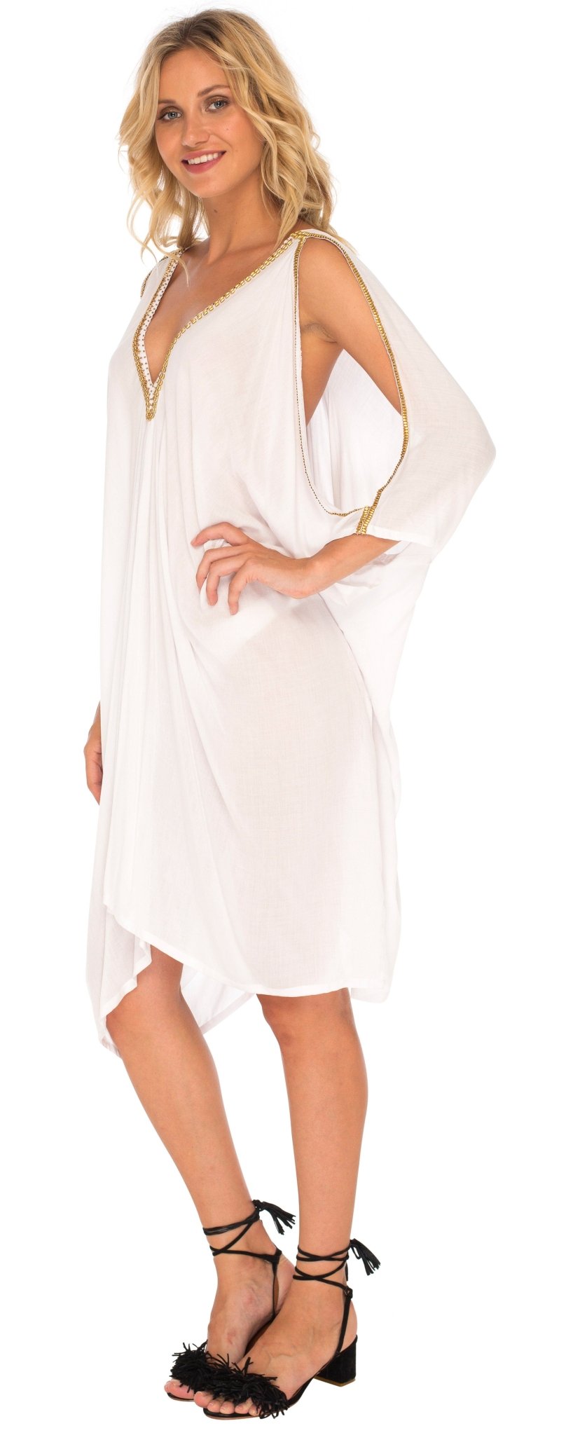 SHU - SHI Women's Kaftan Cover - Up Short Dress with Cold Shoulder & Gold Beads, V - Neck - Love ShuShi