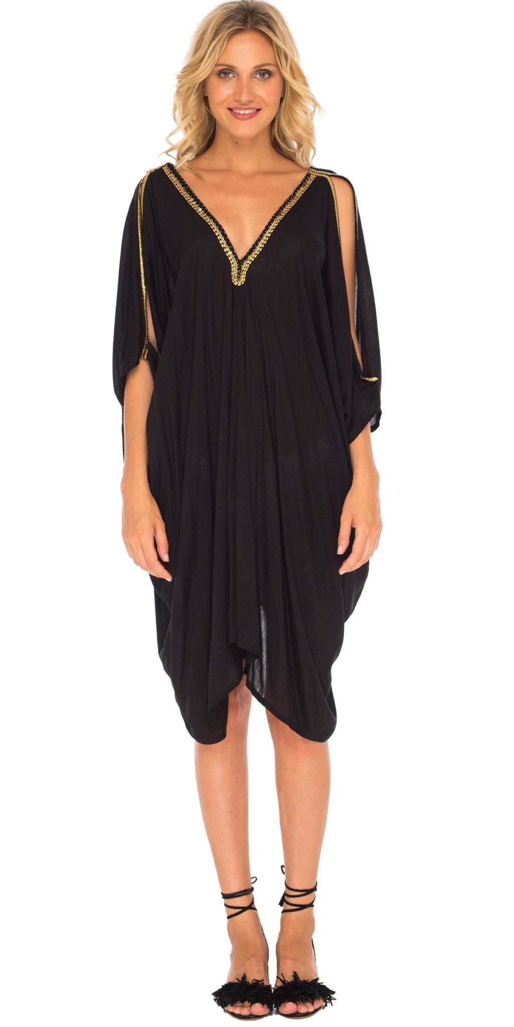 SHU - SHI Women's Kaftan Cover - Up Short Dress with Cold Shoulder & Gold Beads, V - Neck - Love ShuShi