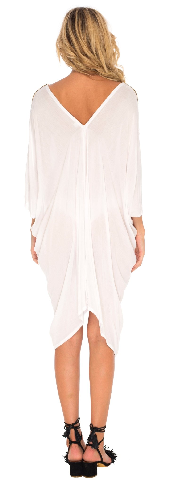 SHU - SHI Women's Kaftan Cover - Up Short Dress with Cold Shoulder & Gold Beads, V - Neck - Love ShuShi