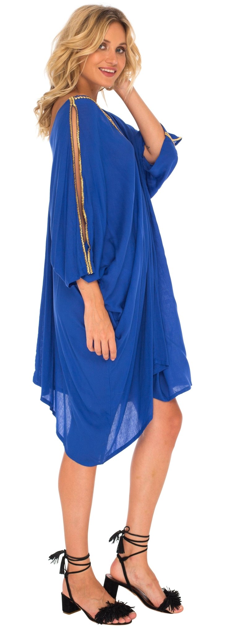 SHU - SHI Women's Kaftan Cover - Up Short Dress with Cold Shoulder & Gold Beads, V - Neck - Love ShuShi