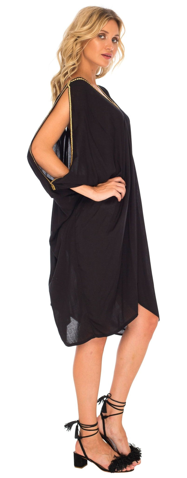 SHU - SHI Women's Kaftan Cover - Up Short Dress with Cold Shoulder & Gold Beads, V - Neck - Love ShuShi