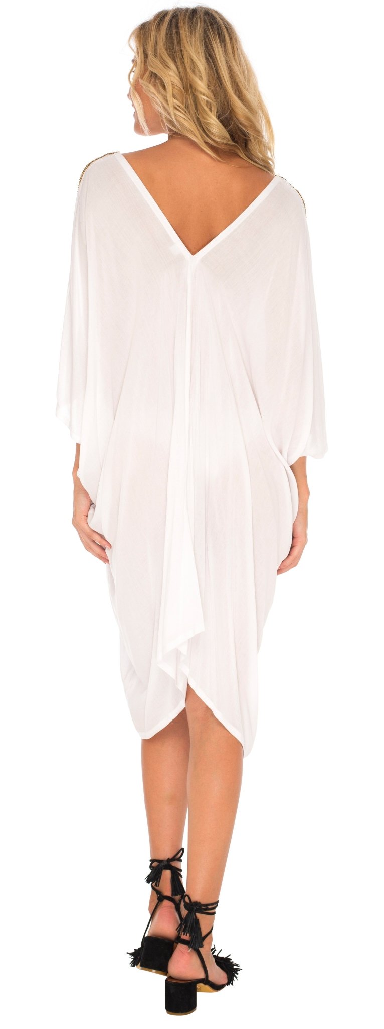 SHU - SHI Women's Kaftan Cover - Up Short Dress with Cold Shoulder & Gold Beads, V - Neck - Love ShuShi