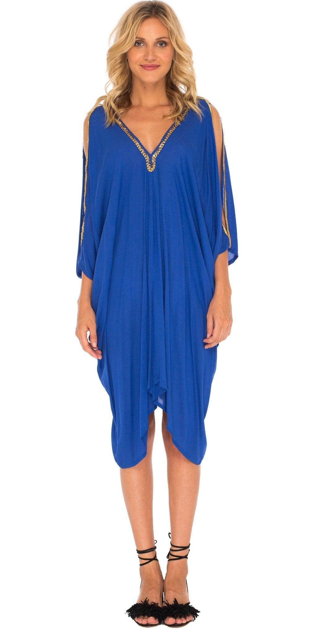 SHU - SHI Women's Kaftan Cover - Up Short Dress with Cold Shoulder & Gold Beads, V - Neck - Love ShuShi