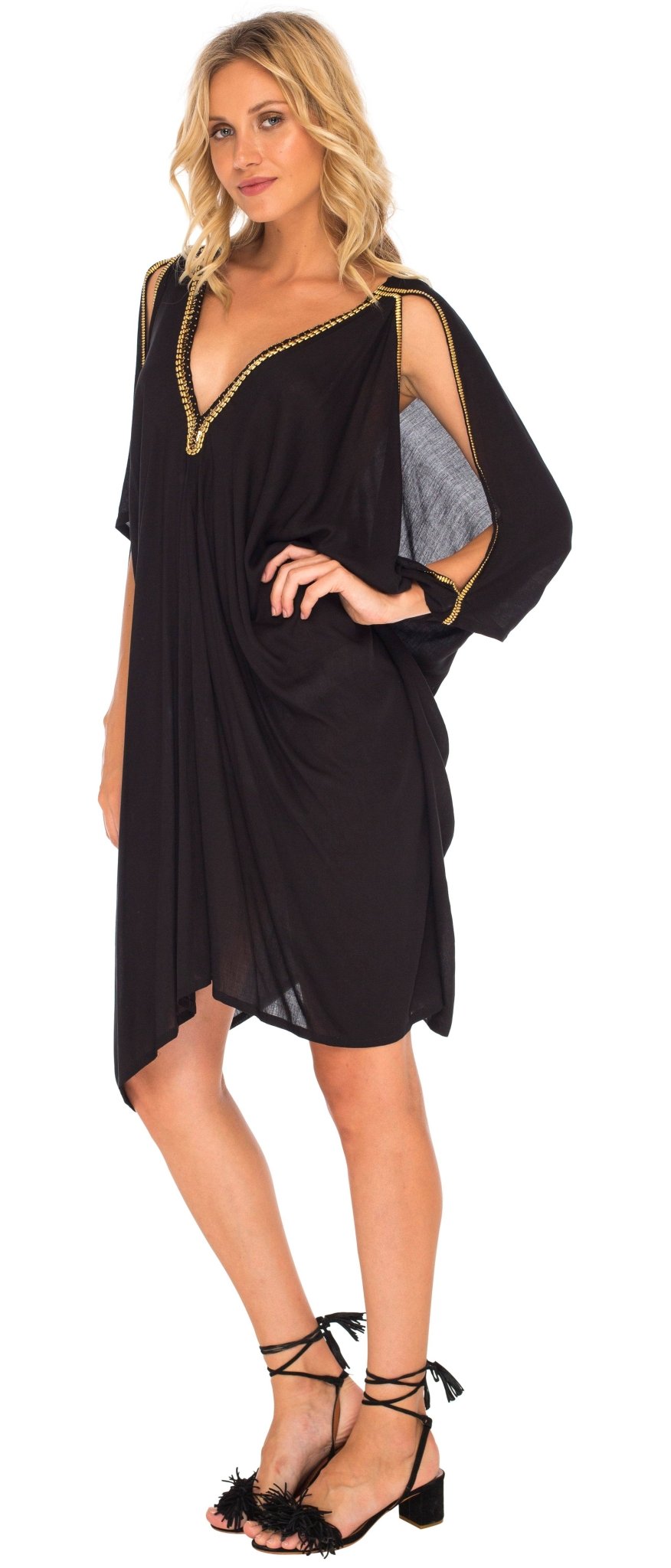 SHU - SHI Women's Kaftan Cover - Up Short Dress with Cold Shoulder & Gold Beads, V - Neck - Love ShuShi