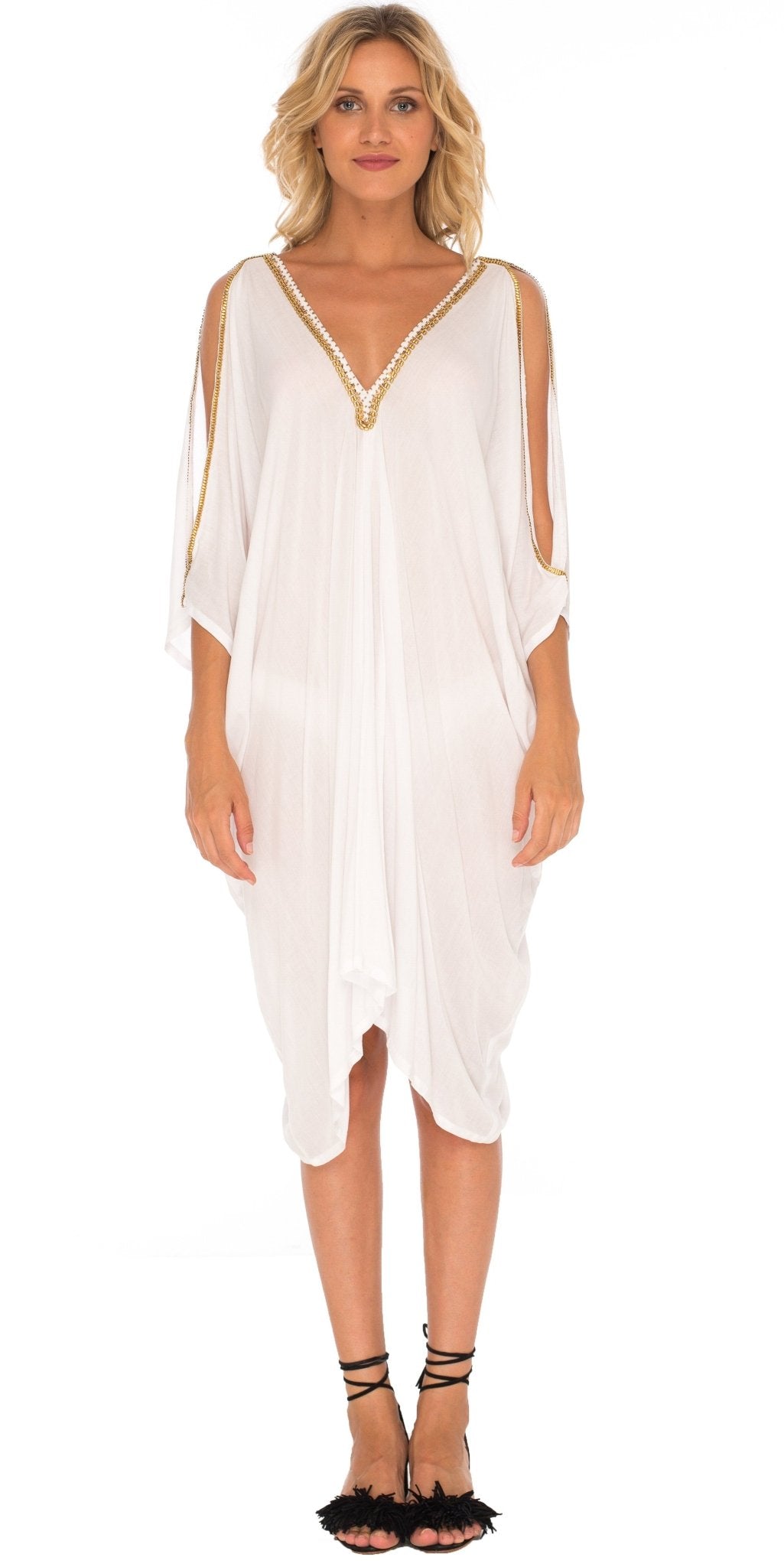 SHU - SHI Women's Kaftan Cover - Up Short Dress with Cold Shoulder & Gold Beads, V - Neck - Love ShuShi