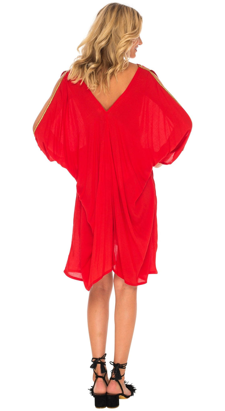 SHU - SHI Women's Kaftan Cover - Up Short Dress with Cold Shoulder & Gold Beads, V - Neck - Love ShuShi