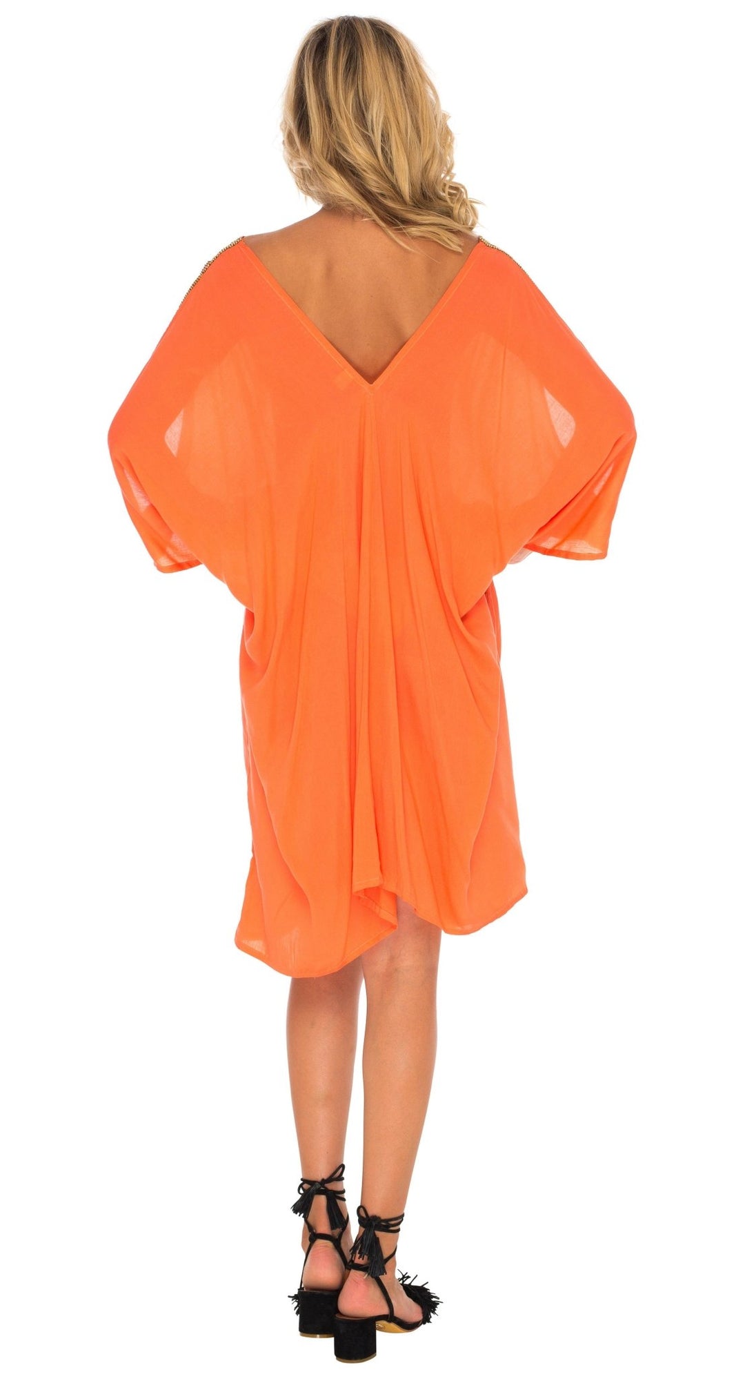 SHU - SHI Women's Kaftan Cover - Up Short Dress with Cold Shoulder & Gold Beads, V - Neck - Love ShuShi