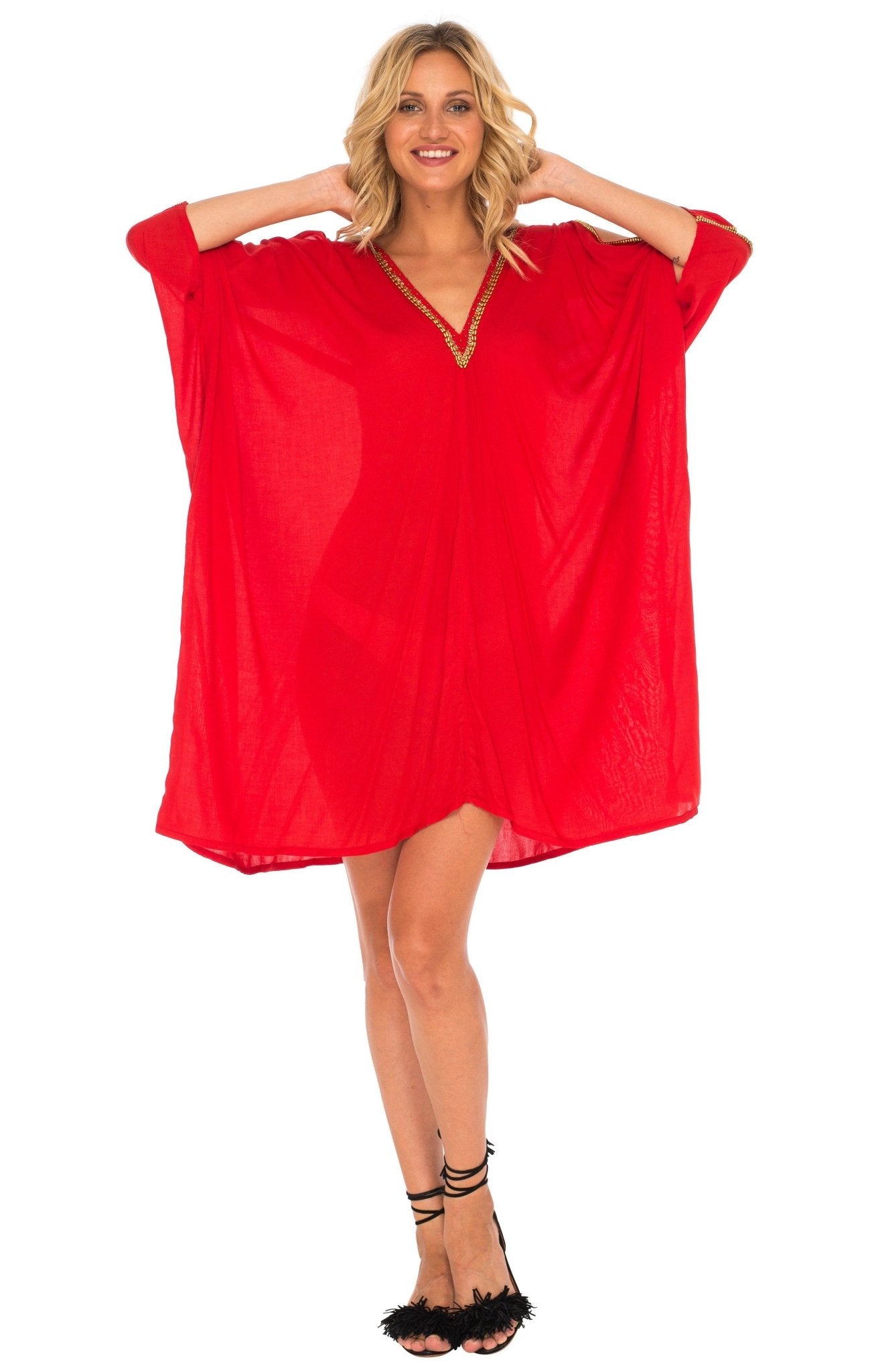 SHU - SHI Women's Kaftan Cover - Up Short Dress with Cold Shoulder & Gold Beads, V - Neck - Love ShuShi