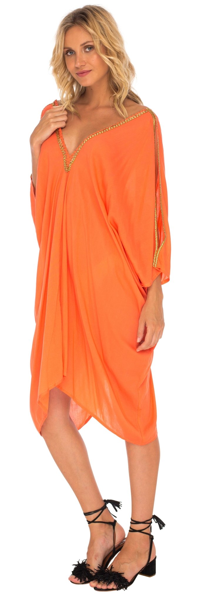 SHU - SHI Women's Kaftan Cover - Up Short Dress with Cold Shoulder & Gold Beads, V - Neck - Love ShuShi