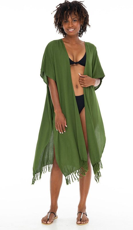 SHU - SHI Womens Kimono Cardigan Fringe Swimwear Robe Beach Open Front Solid Color - Love ShuShi