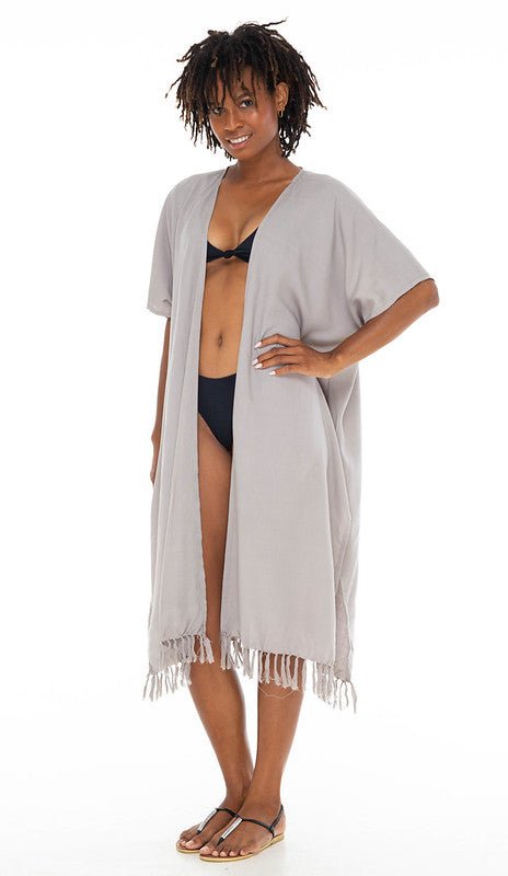 SHU - SHI Womens Kimono Cardigan Fringe Swimwear Robe Beach Open Front Solid Color - Love ShuShi