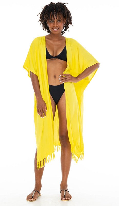 SHU - SHI Womens Kimono Cardigan Fringe Swimwear Robe Beach Open Front Solid Color - Love ShuShi