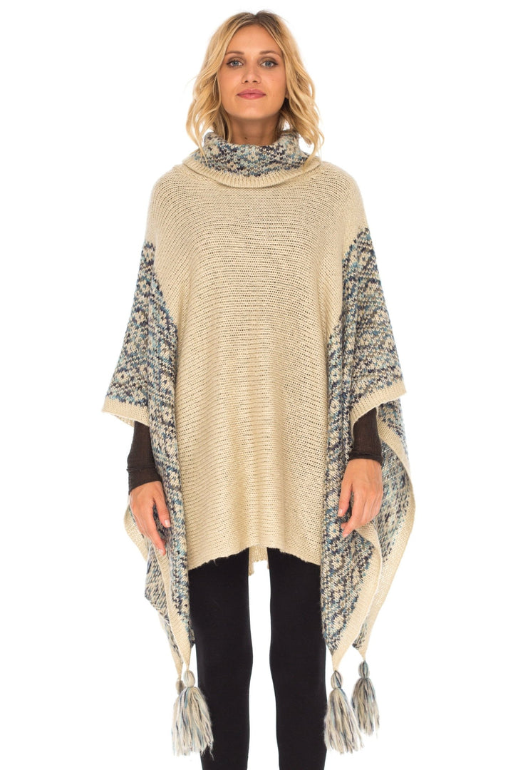 SHU - SHI Women's Knit Poncho | Oversized Cowl Neck Boho Shawl with Tassels | Pullover Sweater Cape - Love ShuShi