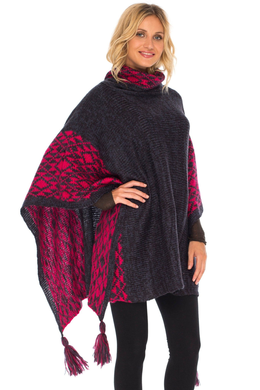 SHU - SHI Women's Knit Poncho | Oversized Cowl Neck Boho Shawl with Tassels | Pullover Sweater Cape - Love ShuShi