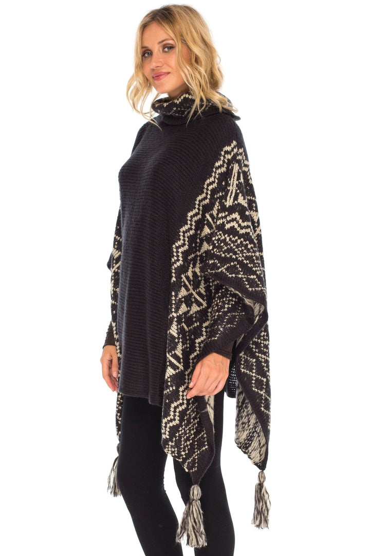 SHU - SHI Women's Knit Poncho | Oversized Cowl Neck Boho Shawl with Tassels | Pullover Sweater Cape - Love ShuShi