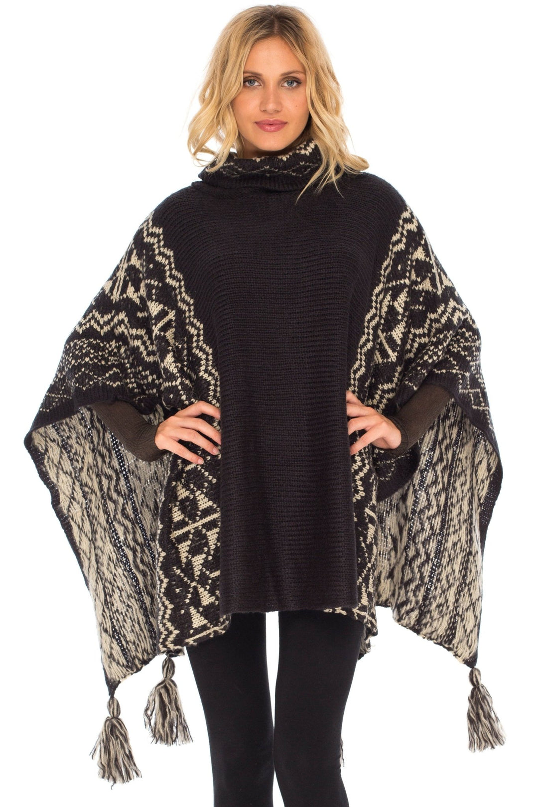 SHU - SHI Women's Knit Poncho | Oversized Cowl Neck Boho Shawl with Tassels | Pullover Sweater Cape - Love ShuShi