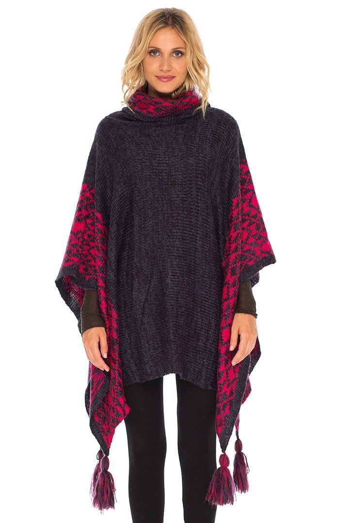 SHU - SHI Women's Knit Poncho | Oversized Cowl Neck Boho Shawl with Tassels | Pullover Sweater Cape - Love ShuShi