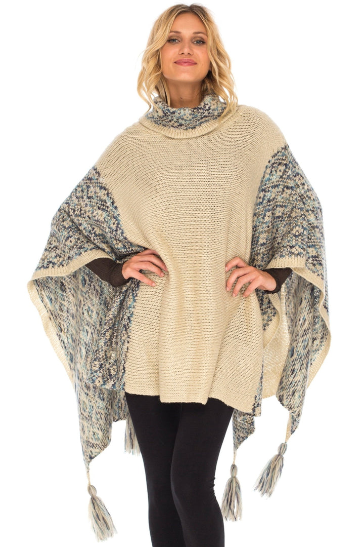 SHU - SHI Women's Knit Poncho | Oversized Cowl Neck Boho Shawl with Tassels | Pullover Sweater Cape - Love ShuShi