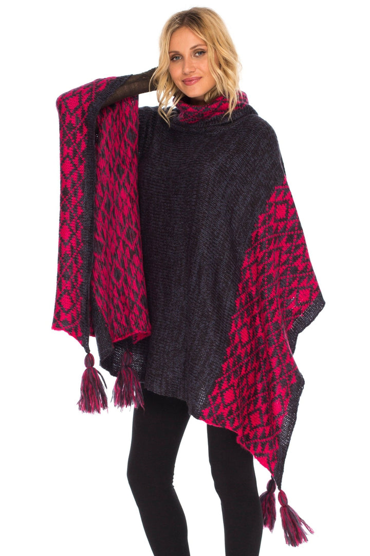 SHU - SHI Women's Knit Poncho | Oversized Cowl Neck Boho Shawl with Tassels | Pullover Sweater Cape - Love ShuShi