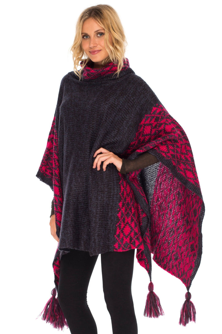 SHU - SHI Women's Knit Poncho | Oversized Cowl Neck Boho Shawl with Tassels | Pullover Sweater Cape - Love ShuShi