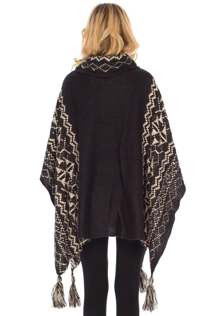 SHU - SHI Women's Knit Poncho | Oversized Cowl Neck Boho Shawl with Tassels | Pullover Sweater Cape - Love ShuShi