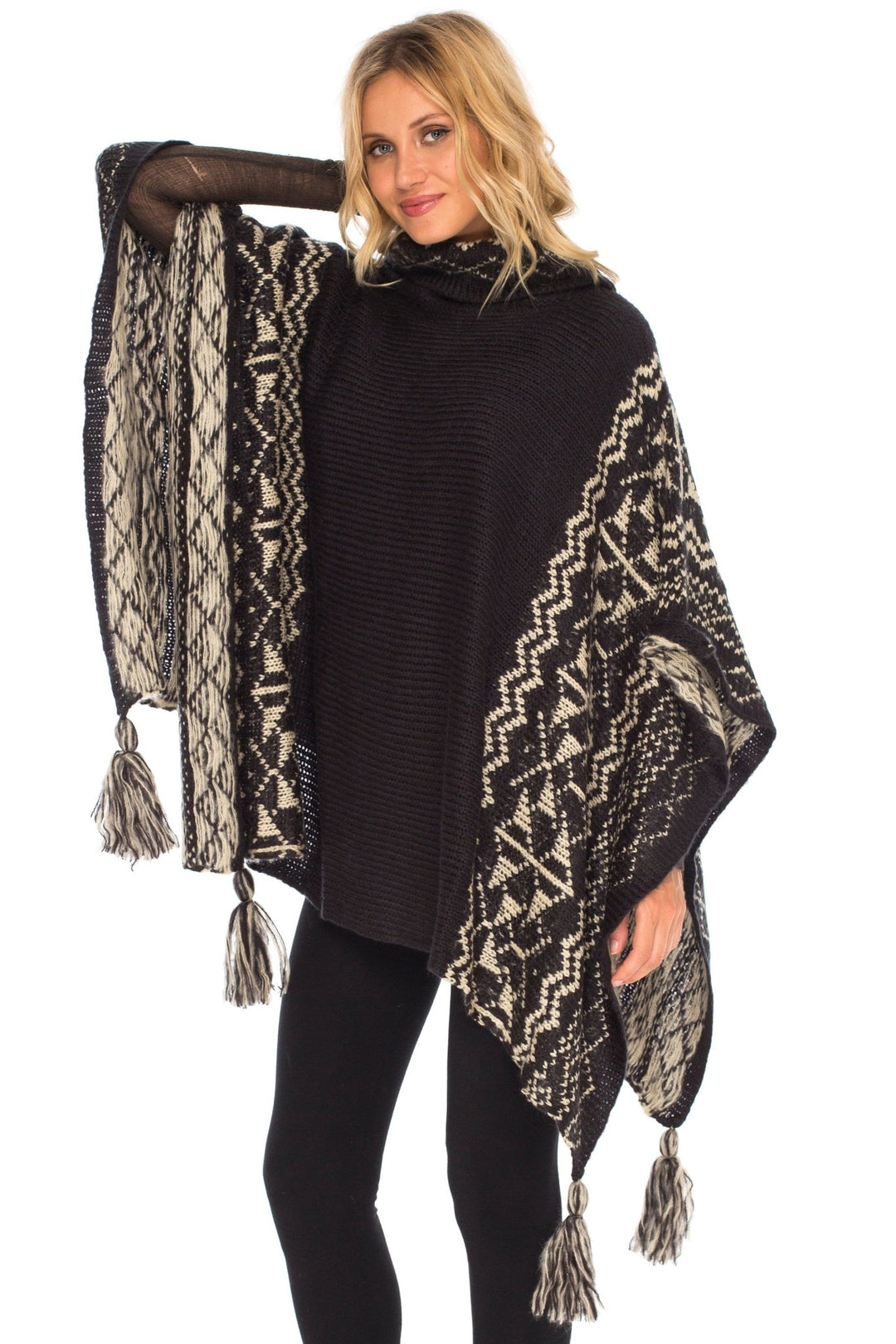 SHU - SHI Women's Knit Poncho | Oversized Cowl Neck Boho Shawl with Tassels | Pullover Sweater Cape - Love ShuShi