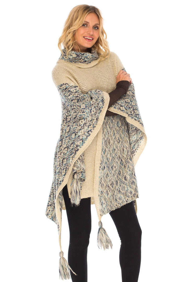 SHU - SHI Women's Knit Poncho | Oversized Cowl Neck Boho Shawl with Tassels | Pullover Sweater Cape - Love ShuShi