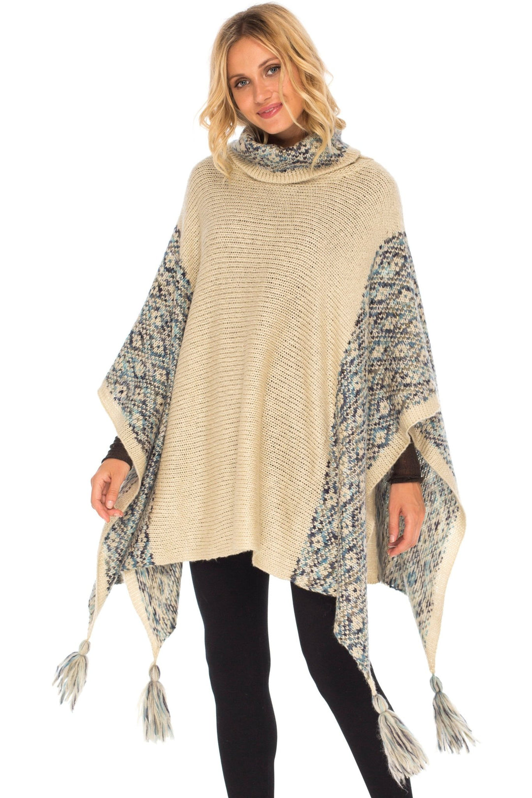 SHU - SHI Women's Knit Poncho | Oversized Cowl Neck Boho Shawl with Tassels | Pullover Sweater Cape - Love ShuShi