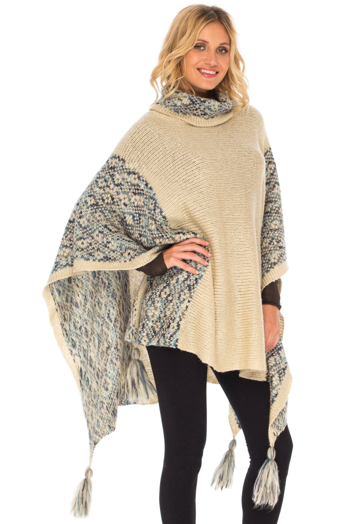 SHU - SHI Women's Knit Poncho | Oversized Cowl Neck Boho Shawl with Tassels | Pullover Sweater Cape - Love ShuShi