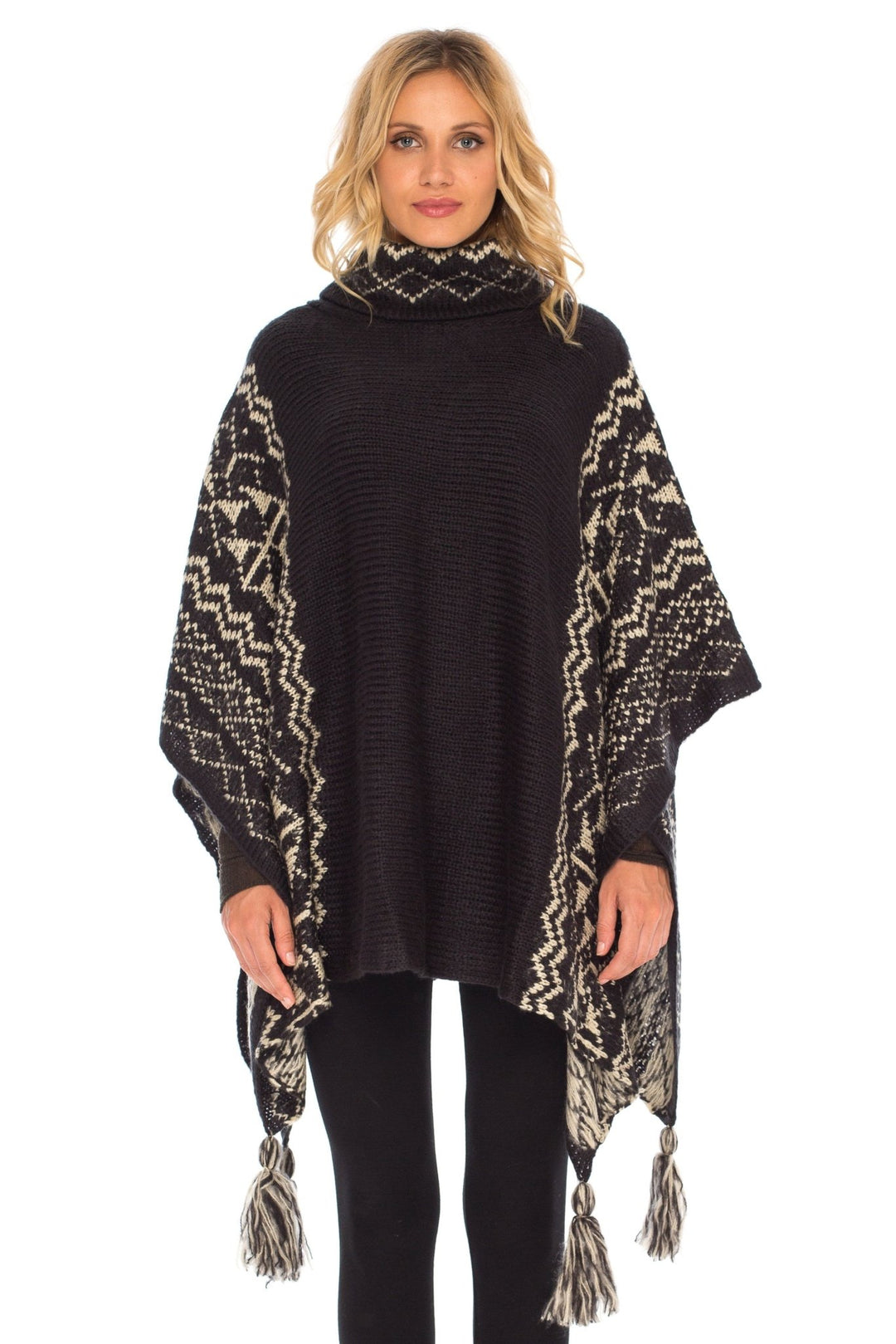 SHU - SHI Women's Knit Poncho | Oversized Cowl Neck Boho Shawl with Tassels | Pullover Sweater Cape - Love ShuShi