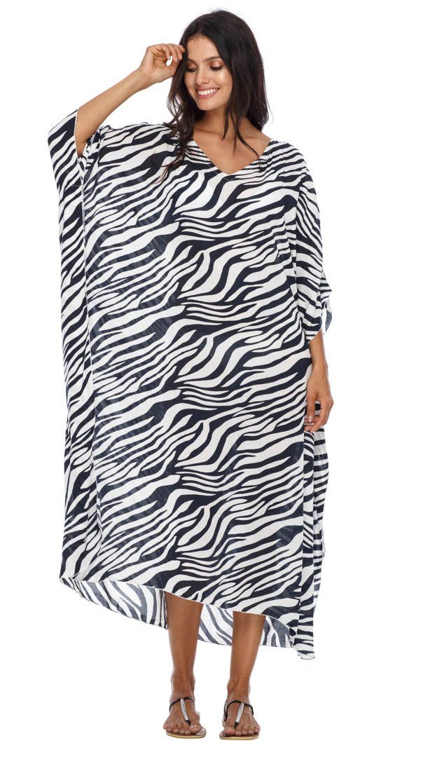 SHU - SHI Women's Long Beach Zebra Caftan Tunic Dress - Swimsuit Cover - Up Loose Poncho - Love ShuShi