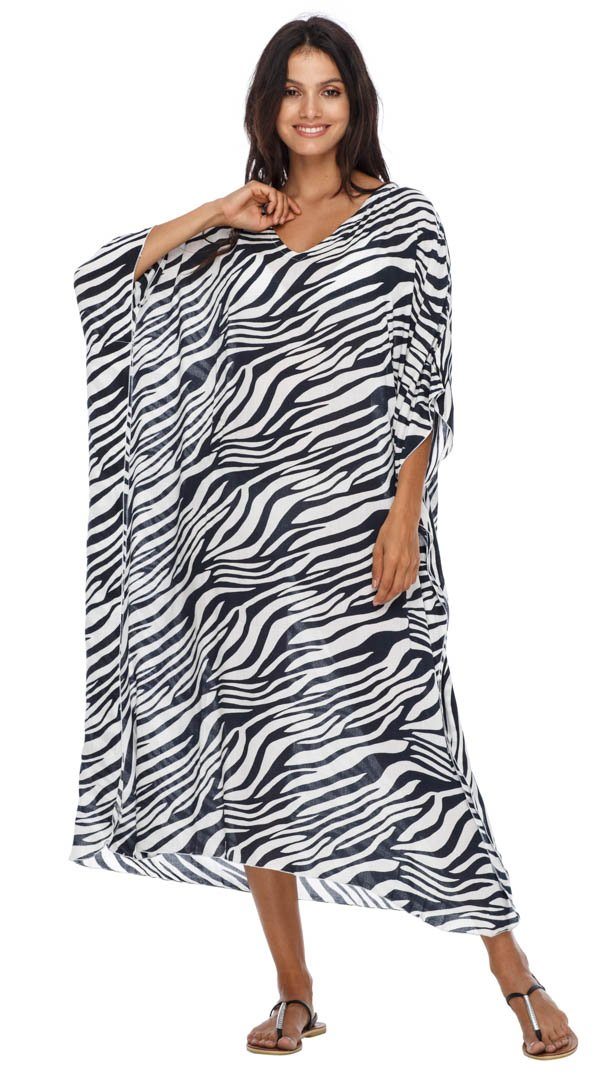 SHU - SHI Women's Long Beach Zebra Caftan Tunic Dress - Swimsuit Cover - Up Loose Poncho - Love ShuShi