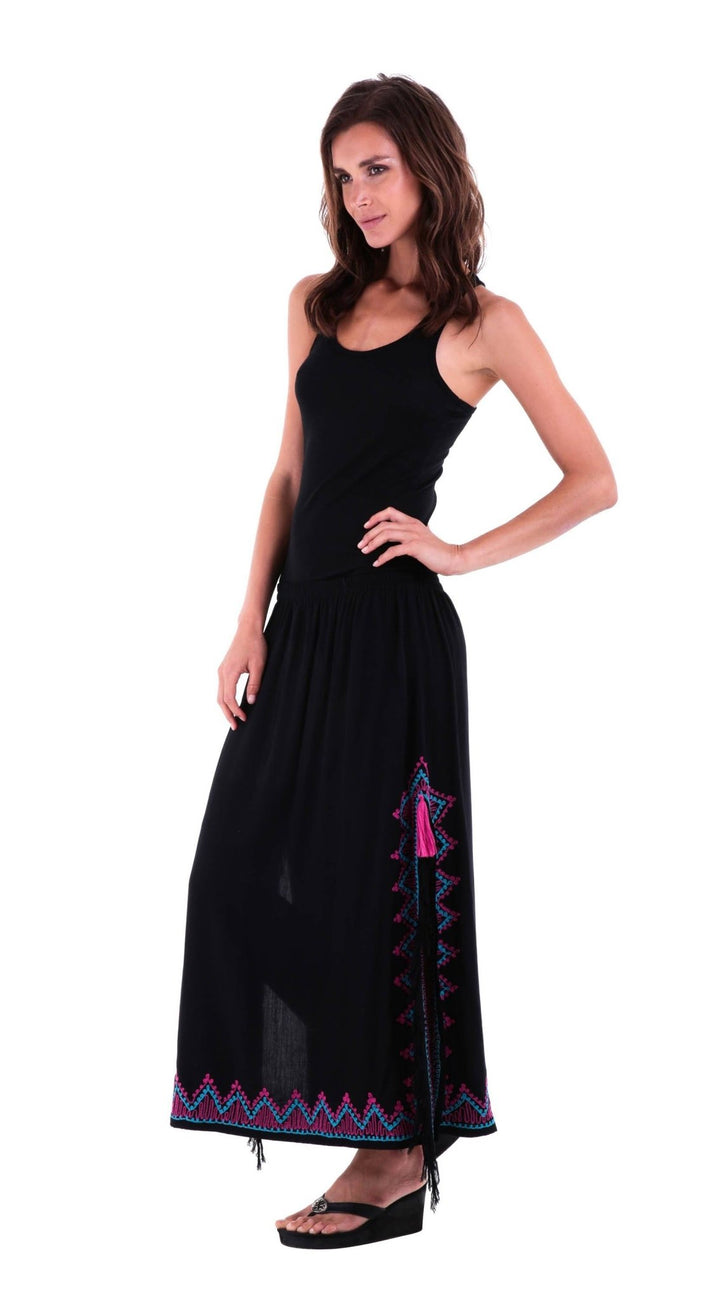 SHU - SHI Women's Long Boho Maxi Skirt with Embroidered Details and Side Slits - Love ShuShi