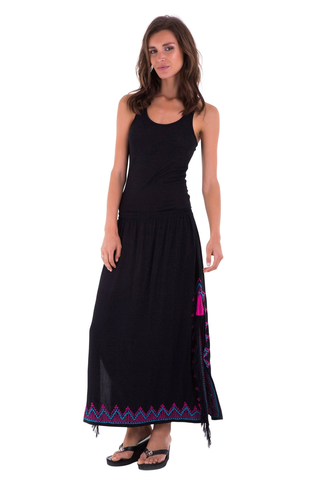 SHU - SHI Women's Long Boho Maxi Skirt with Embroidered Details and Side Slits - Love ShuShi