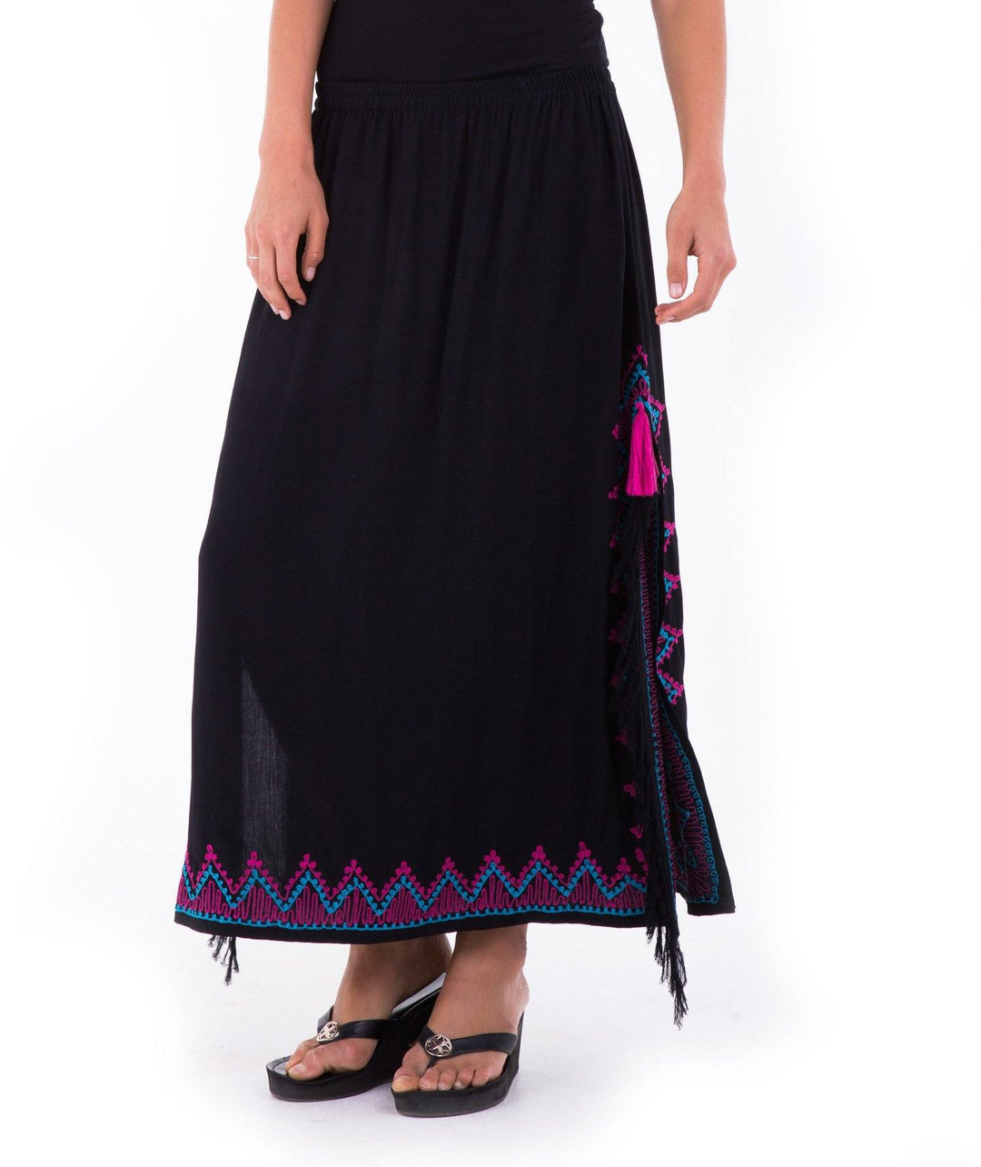 SHU - SHI Women's Long Boho Maxi Skirt with Embroidered Details and Side Slits - Love ShuShi