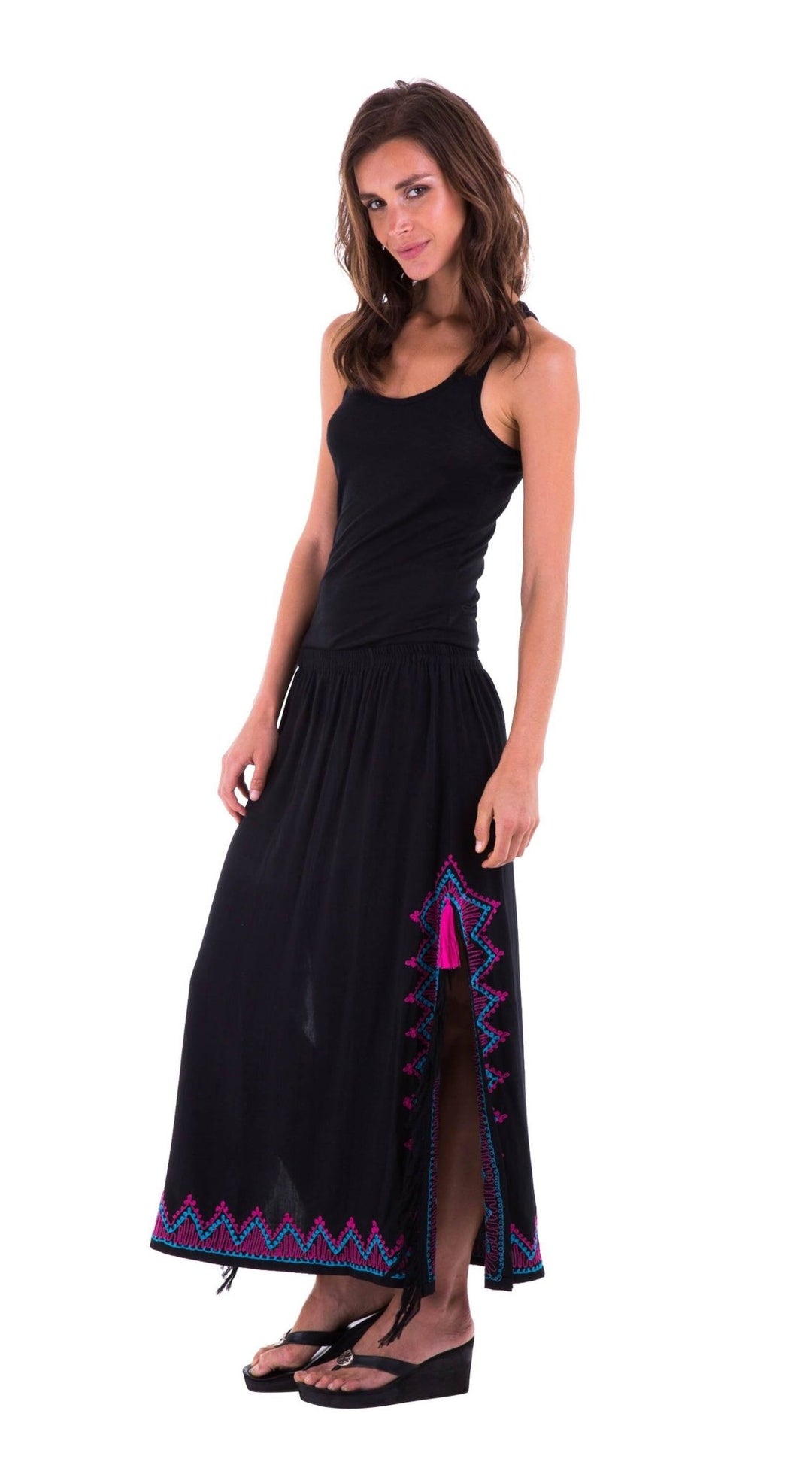 SHU - SHI Women's Long Boho Maxi Skirt with Embroidered Details and Side Slits - Love ShuShi