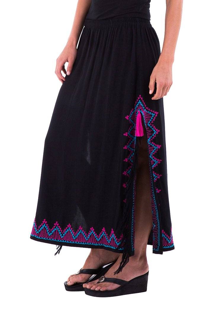 SHU - SHI Women's Long Boho Maxi Skirt with Embroidered Details and Side Slits - Love ShuShi